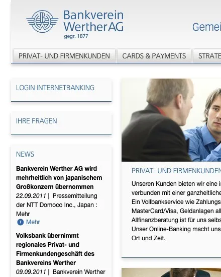 Bankverein Werther: Startseite der Website, 2011
