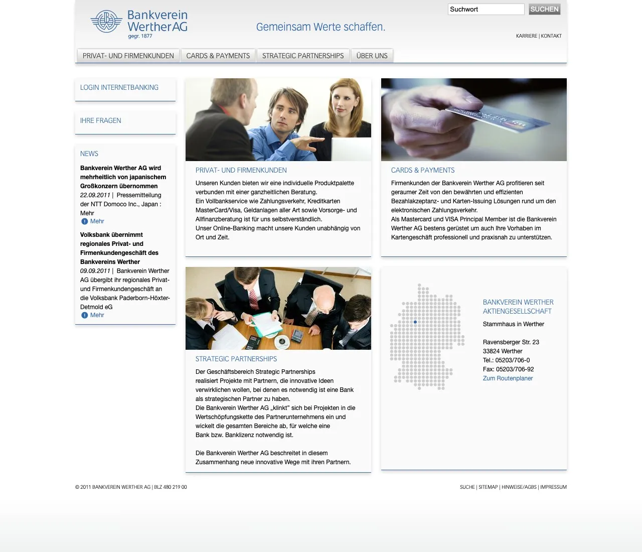 Bankverein Werther: Startseite der Website, 2011