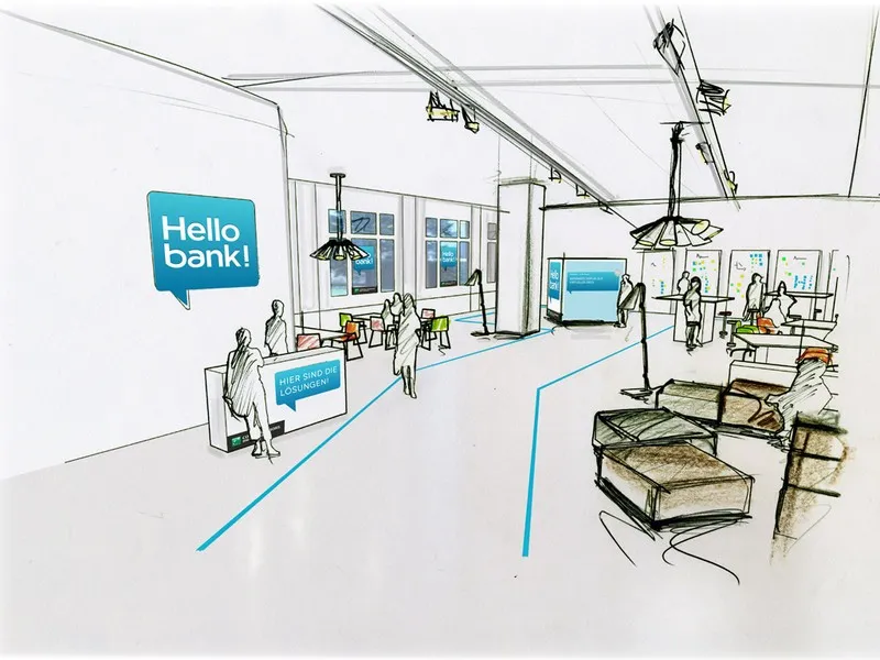 Skizze des Workshop-Raums mit Hello bank Logo und Loungemöbeln