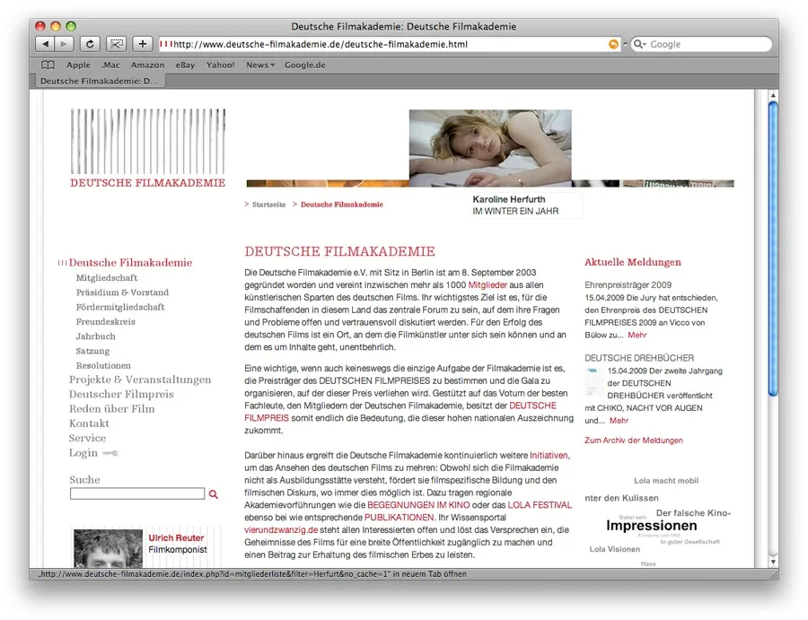 Deutsche Filmakademie: Website 2009