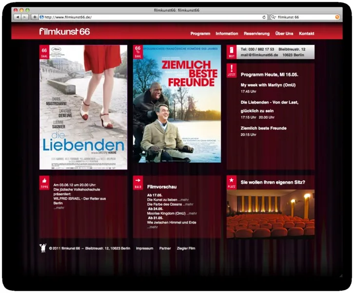 Startseite der filmkunst66 Website mit Filmplakaten auf rotem Vorhang