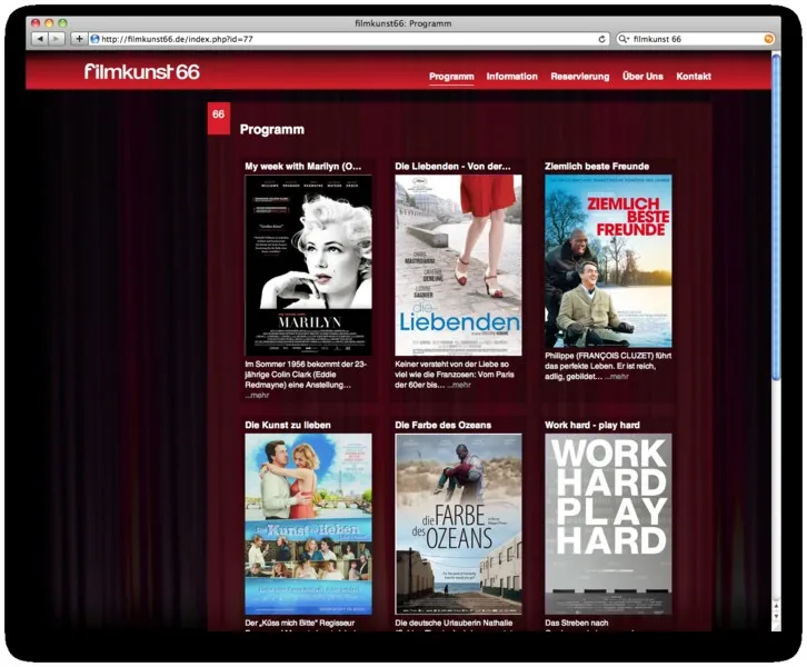 Programmseite der filmkunst66 Website mit Plakaten aktueller Filme