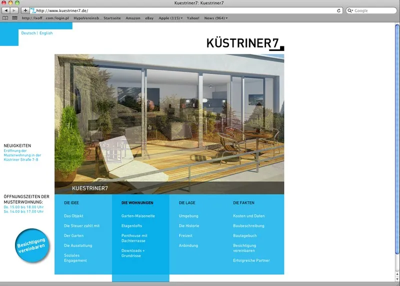 Website KÜSTRINER7, Startseite mit Terrassenfoto und blauer Navigation