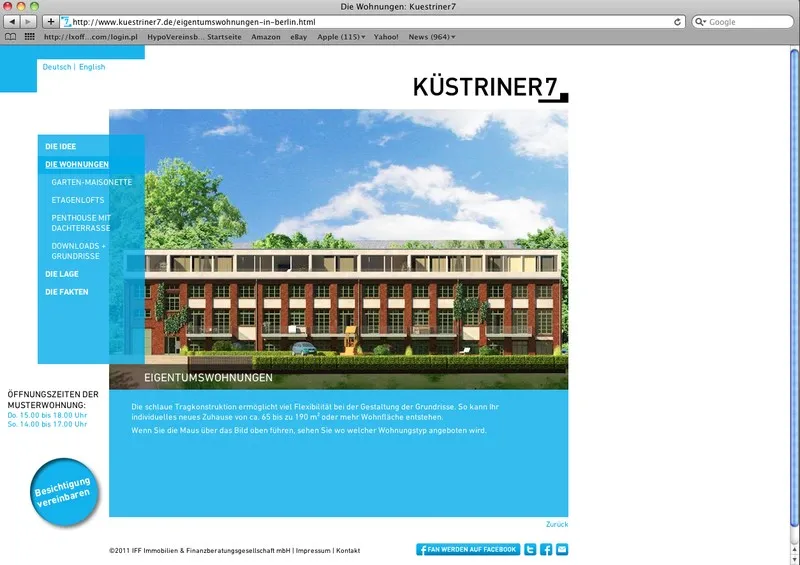 Website KÜSTRINER7, Seite Wohnungen mit Fassadenansicht