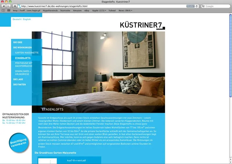 Website KÜSTRINER7, Seite Etagenlofts mit Schlafzimmerfoto