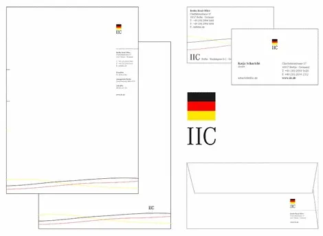 Geschäftsausstattung mit Briefbogen, Visitenkarten und Umschlag des IIC