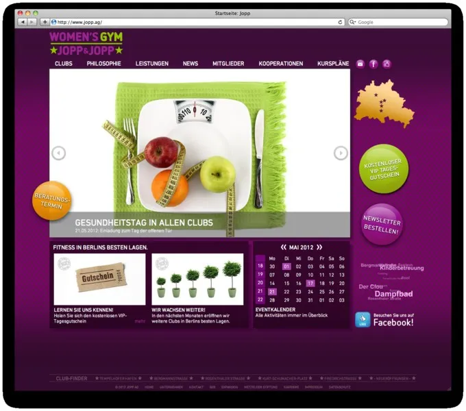 Startseite der Jopp Website mit Newsslider und Eventkalender