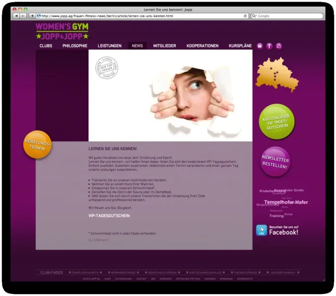 Teaserseite der Jopp Website in Violett mit Gesichtsmotiv