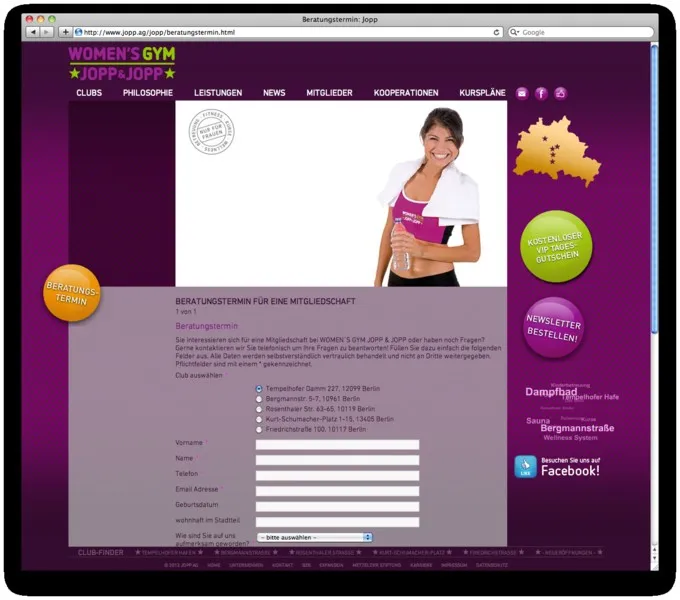 Formularseite der Jopp Website zur Terminvereinbarung