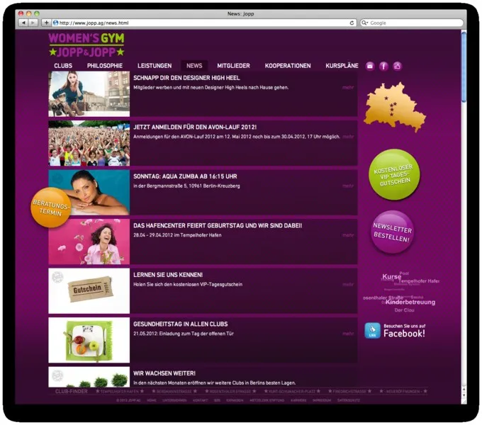 Newsseite der Jopp Website mit Meldungsliste und Bildern