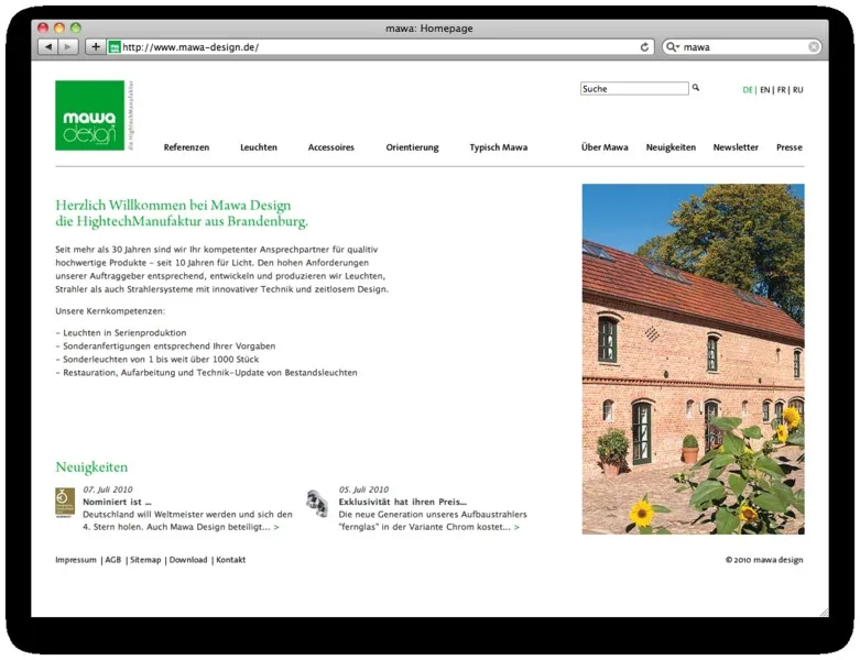 Startseite der hellen Mawa-Design-Website mit Referenzfoto