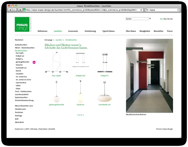Leuchtenübersicht der Mawa-Website mit Produktzeichnungen