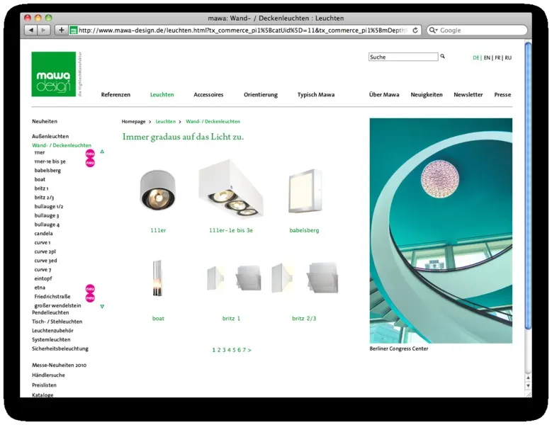 Produktseite mit Deckenleuchten im Shopbereich der Website