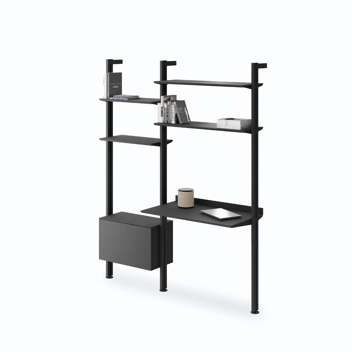 SCALA Wandregal mit integriertem Schreibtisch und Schrankmodul in Schwarz