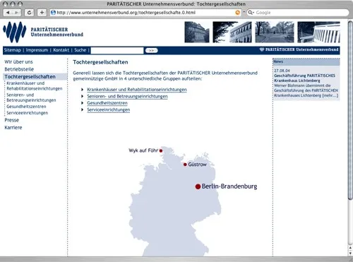 Website des Unternehmensverbundes mit Karte der Tochtergesellschaften