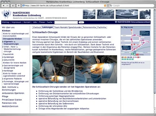 Website des Krankenhauses Lichtenberg mit Leistungen der Chirurgie