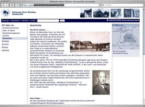 Website der Helmuth-Ulrici-Kliniken mit Geschichte der Klinik