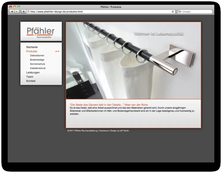 Produktseite der Pfähler Website mit Vorhangstange und Stoffen