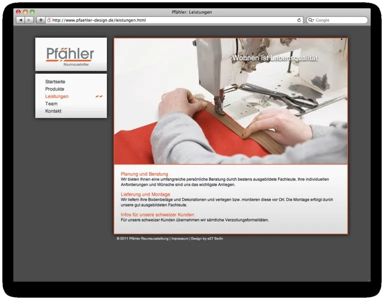 Leistungsseite der Pfähler Website mit Näharbeit an Stoff