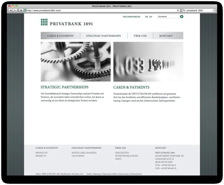 Startseite der Privatbank 1891 mit Schwarz-Weiß-Bildern und grüner Typografie