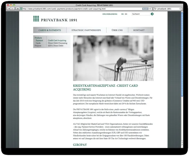 Produktseite zur Kreditkartenakzeptanz mit Foto eines Einkaufswagens