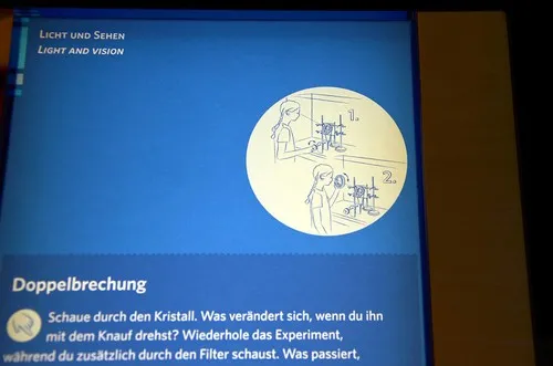 Blaue Exponatetafel mit Bedienanleitung als Illustration zur Doppelbrechung