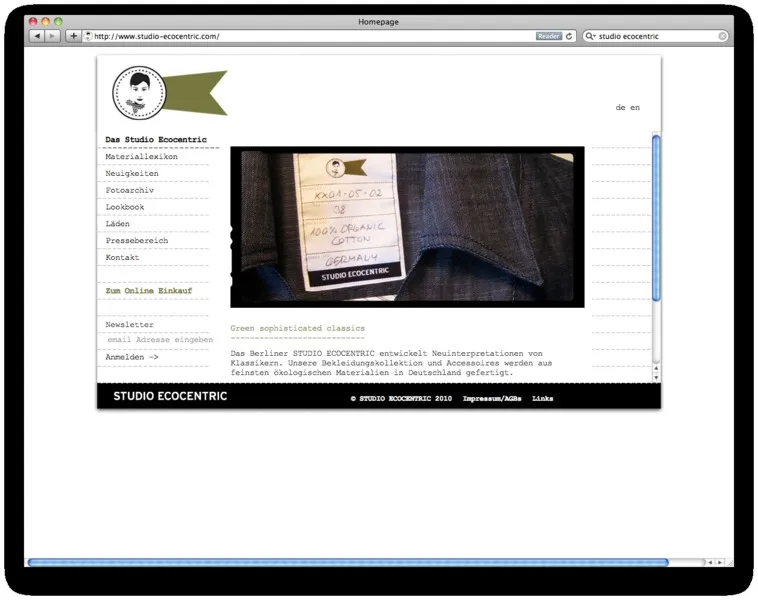 Startseite der Studio Ecocentric Website im kleinen Archivformat