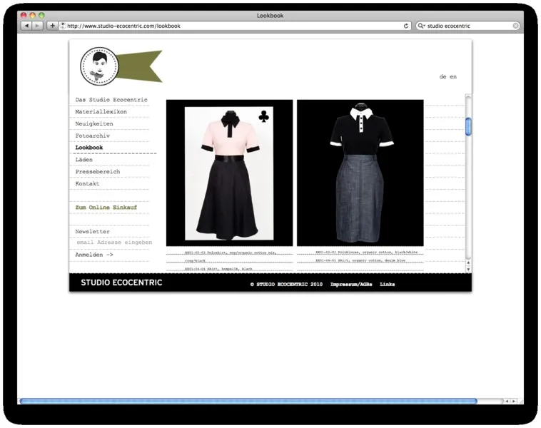 Lookbook-Seite der Website mit zwei Outfits vor schwarzem Hintergrund
