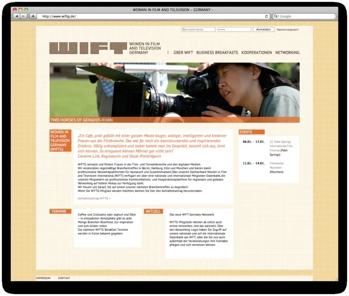 Startseite der WIFT Germany Website mit Pixel-Logo und Filmszene
